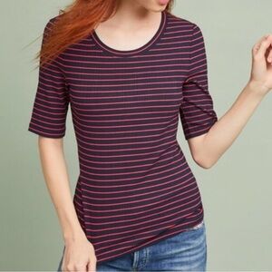 Anthropologie Pure+Good Striped Short Sleeve Shirt Blue Ribbed Stretch size XS